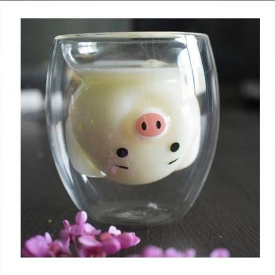 China Creative Cute Disposable High Net Red Fashion Cup Pig Disposable Double Layer Borosilicate Fangke Water Glass Cup for sale