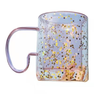 China Hot Sale Minimalist Wholesale Creative Special Double-Layer Coffee Glitter Cup Star Bubble Glass Mug With Handle for sale