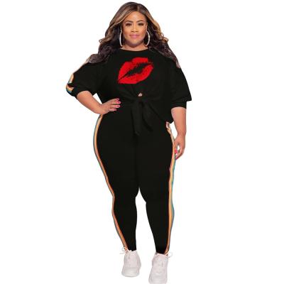 China Viable Style Ladies Lip Workout Fall Blouses With Side Stripe Pants Gym Outfits Plus Size Two Piece Set Of 2 Piece Outfits Pants for sale