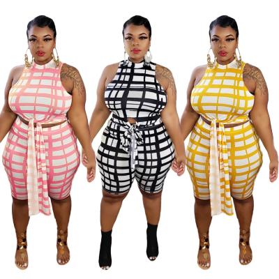 China Amazon Latest Viable Summer 2021 Design Crop Top And Biker Shorts Set With Grid 5xl Plus Size Women Clothing Two Piece Set for sale