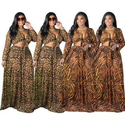 China 2021 Trendy Viable Long Sleeve Crop Top With Maxi Skirt Set Summer Pleated 4XL Plus Size Leopard Print Skirt Ladies Two Piece Set Wear for sale