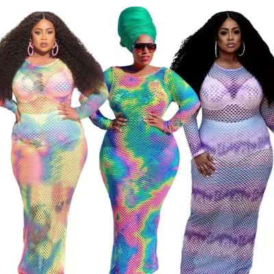 China Size 5xl Women's Plus Size Women's Mesh Casual Dresses Tie Dye Long Sleeve Prom Dress Summer Viable Fashionable Clothing See Through Slim Fit Maxi Dress for sale