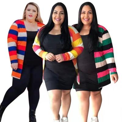 China Viable Wholesale Trendy Fall Dresses Rainbow Stripe Womens Cardigans 5XL Long Plus Size Women Clothing for sale