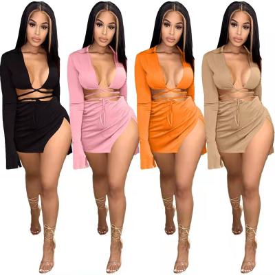 China New Arrivals Solid Color Flare Sleeve Bandage Viable Crop Top With Slit Trims Two Piece Set Swimwear 2022 Swimwear For Women for sale