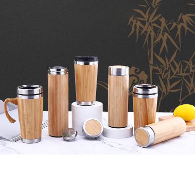 China 350ml 450ml 500ml New 304 Stainless Steel PORTABLE Fashion Bamboo Shell Thermos Bottle Business Office Car Water Bottle for sale