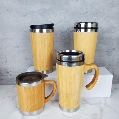 China Sustainable 300ml Bamboo Vacuum Insulated Mug With Handle 450ml Coffee Mug Stainless Steel Tumbler Double Walled Travel Reusable Mug for sale