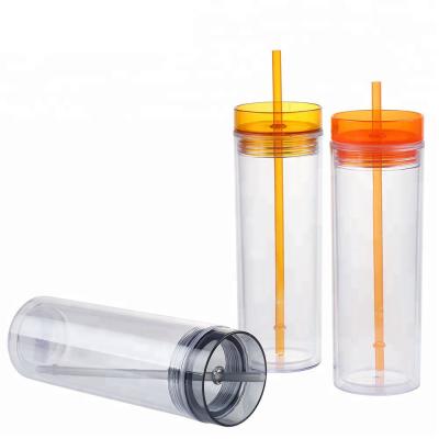 China 16oz Double Wall Swivel Tumbler Straight Transparent Plastic Straw Bottle Ps Straw Cup Custom Logo for sale