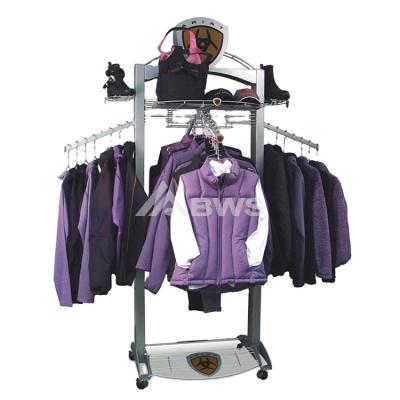 China Customized Style For You Brand Retail Store Merchandising Clothing Display Rack With Wheel 4 Way Clothes Display Stand With Straight Metal Arms for sale