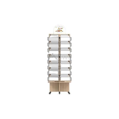 China Customized Style For You Wholesale Greeting Card Display Rack 4 Way 4 Layers Wooden Display Stand Business Card Frame With Wheels for sale