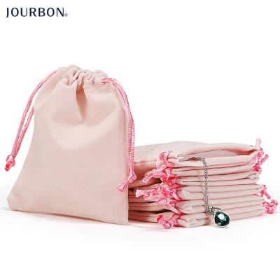 China Jourbon Short Plush Drawstring Jewelry Bags Professional Custom Printed Pink Small Velvet Jewelry Pouch Bag With Rope for sale