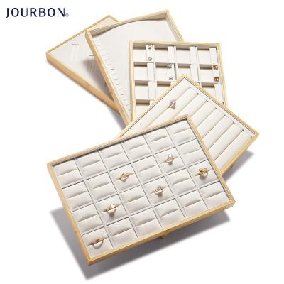 China Jourbon Luxury Mircofiber Velvet Earrings Rings Portable Wooden Window Storage Shelf Tray Organizer Jewelry Holder Display Set for sale