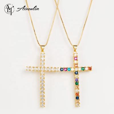 China TRENDY Trendy 18k Gold Necklace Micro Inlaid Colorful Zircon Necklace Jewelry Cross Necklace for sale