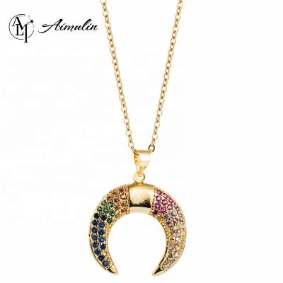 China INS TRENDY Simple Hip Hop Women Necklace Moon Shaped 18k Gold Necklace Inlaid Colorful Zircon Necklace for sale