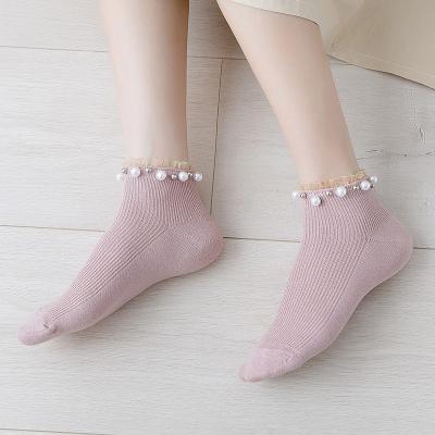 China Mid Pearl Calfskin Tube Socks Korea Cotton Ankle Chain Women's Socks Girls Soft Anti-skid Lovely Style for sale