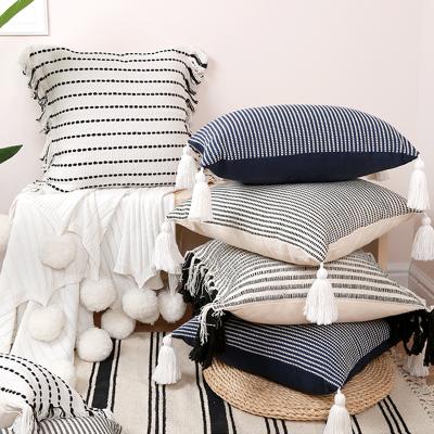 China Other Customization Stripe Black White Tassel Polyester Decorative Tile Case Cushion Cover 45x45 for sale