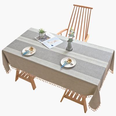 China Elegant Gray White Stripes Polyester Fabric Oilproof Custom Size Rhombus Jacquard Table Cloth With Tassel Decoration for sale