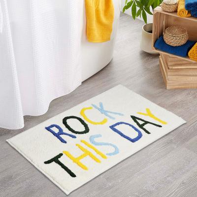 China Rectangle Washable Letter Printed Soft Bath Mat Rug Microfiber Shaggy Customized Flocking Absorbent Non Slip for sale