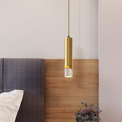 China Luxury Decorative Gold Brass Tube Cylinder Iron Acrylic LED Pendant Light for Hotel Bedroom Kitchen Island for sale