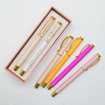 China Custom Promotional Pen Logo Metal Gel Ink Ballpoint Pen Pink 2 Pens Set With Gift Box for sale