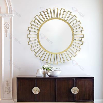 China Large Round Gold Wood Frame Hanging Beveled Accent Wall Mirror Decoration Home Nordic Luxury Modern Antique Design Custom Handcrafted Art for sale