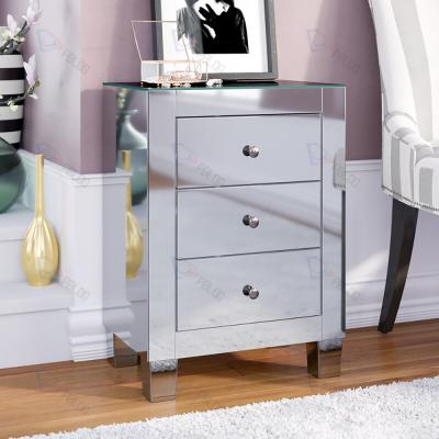 China Modern luxury wholesale furniture cheap mirrored classic 3 drawer storage mirrored bedside table for bedroom for sale