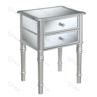 China Modern Mirrored Glass Mirror 2 Drawer Table Set Living Room Furniture Luxury Glass Table Modern Corner Table for sale