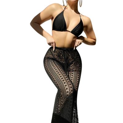 China Breathable European and American suspender knit cutout beach skirt sexy 3 piece backless dress bikini swimwear for sale