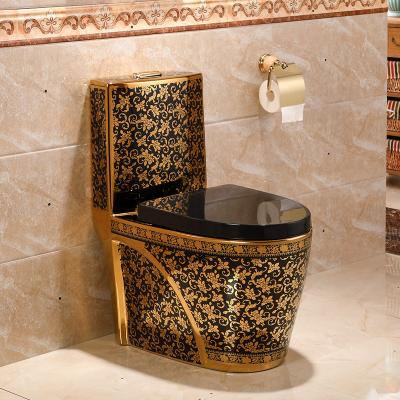 China Royal Gold Plated Ceramic Sanitary Ware One-piece Double-flush Design Color Bathroom Toilet Bowl Black and Gold Plated Luxury Toiletries for sale