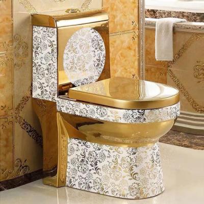 China Double-flow china ware royal style s trap p color bathroom sanitary ware one piece luxury gold ceramic gold plated toilet for sale