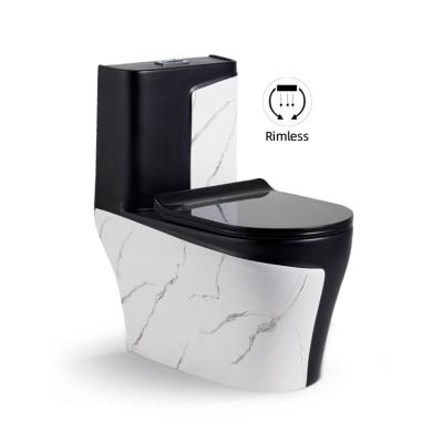 China Double-Flow Marble WC and Bowl Black Color Bathroom Toilet Sanitary Ware Rimless Strap Ceramic One-Piece Toilet for sale