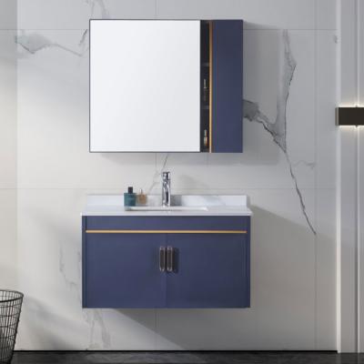 China Wall Mounted Luxury Modern Single Sink Mirrored Small Blue Bathroom Cabinet Units Bathroom Vanity Set With Sink for sale