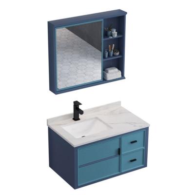 China Modern Hotel Restaurant 30 Inch Modern Single Sink Wall Mounted Mirrored Blue Bathroom Cabinet Furniture Bathroom Vanity Set With Sink for sale