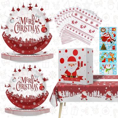 China Merry Christmas Modern White Party Disposable Creative Biodegradable City Design Paper Plate Napkin Red Set for sale