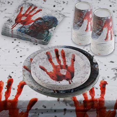 China Modern Halloween Party Supplies Scary Disposable Tableware Zombie Horror Blood Handprints Decoration Tablecover Dish Cup Napkin Set for sale