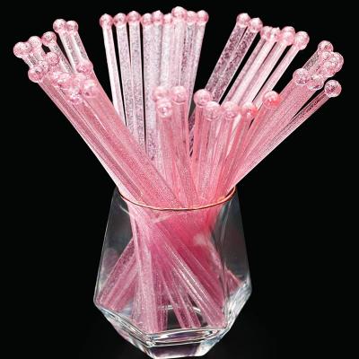 China Dot Plastic Bartending Crystal Cake Cocktail Lollipop Disposable Pink Soda Drinks Gold Glitter Decorative Stirring Stick for sale