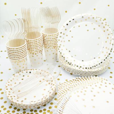 China Disposable White Party Supplies Modern Wedding Birthday Party Tableware Outside Bronzing Deep Plate Napkin Knife Fork Black Paper Set for sale