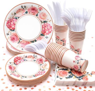 China Modern Floral Party Supplies Rose Flower Baby Shower Mothers Day Thanksgiving Disposable Paper Plates Cups Napkin Dinnerware Set for sale