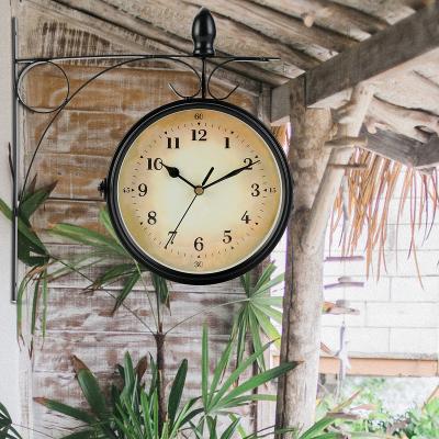 China Home Decoration Hanging Double Side Retro Vintage Style Metal Iron Mute Clock Living Room Bracket Wall Clock Antique Style for sale