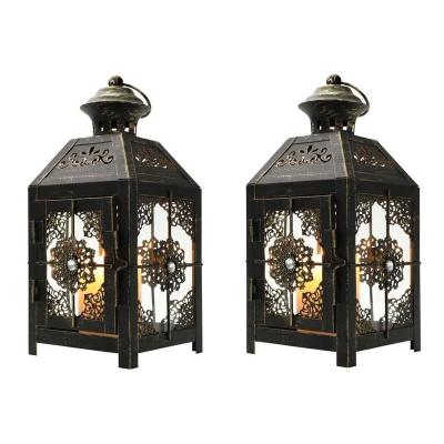 China Ramadan Wind Candle Lantern Metal Floor Decoration Black Antique Candle Holder Home Set Two for sale