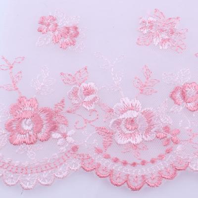 China Taidian Embroidered Lace Embroidery Free Samples Pink Flowers Lace Fabric For Apparel Decoration Water Soluble Net Lace Trim for sale