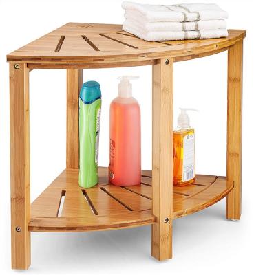 China (Height)Adjustable Corner Shower Stool Bamboo Shower Bench With Storage Shelf for sale