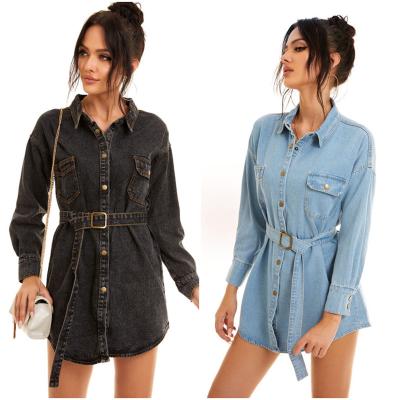 China Fashion Loose Breathable Denim Shirt Women Jeans Blouse With Button Pocket Long Sleeve Jean Coat With Belt for sale