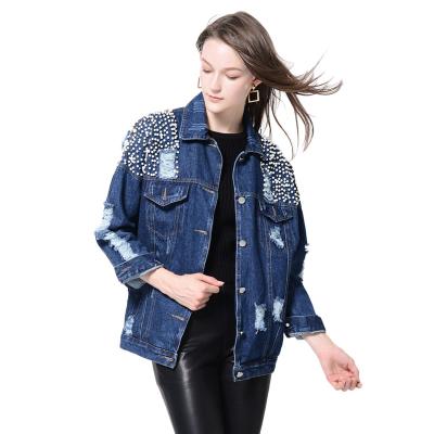 China Breathable Breathable Pearl Beading Denim Jackets Women Wash Vintage Ripped Casual Jean Jacket Girls Fall Denim Coat Sleeve Long for sale