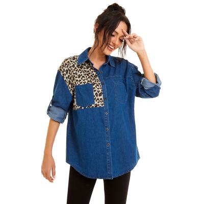 China Blue Breathable Leopard Print Denim Spliced ​​Shirts Jacket Women Blouse Design Fashion Long Sleeve Loose Office Denim Jacket Shirt for sale