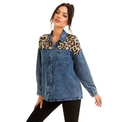 China Women's Leopard Print Breathable Vintage Spliced ​​Snow Denim Blouse Full Office Lady Shirt Denim Jacket Loose Office Long Sleeve for sale