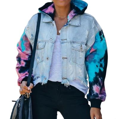 China Jean Jacket For Women Loose Blue Jacket Tie Dye Patchwork Breathable Hoodie Casual Denim Coats for sale