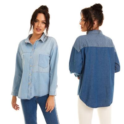 China Fashion Spliced ​​Breathable Denim Stripe Shirts Jacket Women Blouse Design Long Sheath Loose Office Denim Jacket Shirt for sale