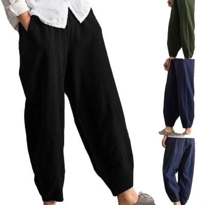 China Breathable Women Cotton Pants Vintage Canvas Casual Harem Pants Loose Elastic Waist Plus Size Capri Pants for sale