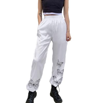 China Breathable Women's Breathable Butterfly Embroidery Harem Pants Streetwear Fashion Casual Loose Waist Sweatpants White High Top Pants for sale