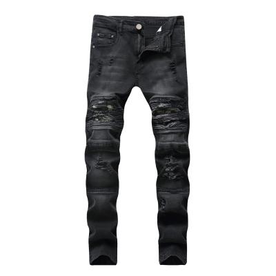 China Breathable Men's Biker Ripped Skinny Jeans Destroyed Hole Slim Fit Denim Taped Striped Jean Men Jeans Pants High Quality for sale